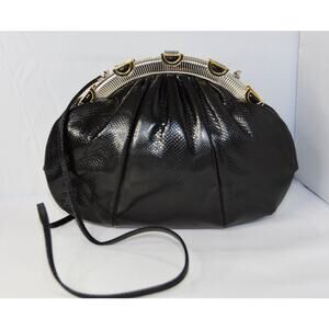 JUDITH LEIBER Designer Art Deco Black Onyx Karung Leather Clutch Shoulder Bag